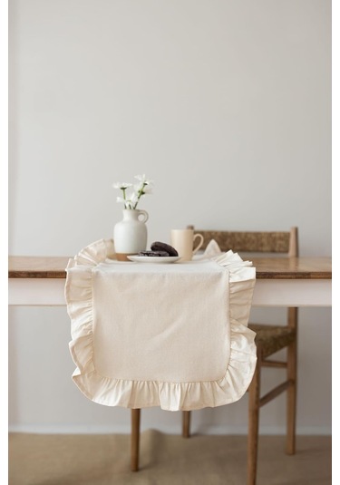 Rufle Fırfırlı Keten Runner 40 X 110 Cm Bej Diğer