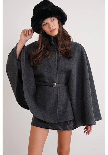 4768 Kadın Kemerli Panço Premium Kaşe Ceket Antrasit Antrasit