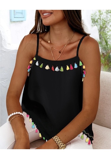 Leyla Sanat Sanata Yeni Bir Bakış Açısı Kadın Ip Askılı Püskül Detaylı Sandy Bluz Siyah