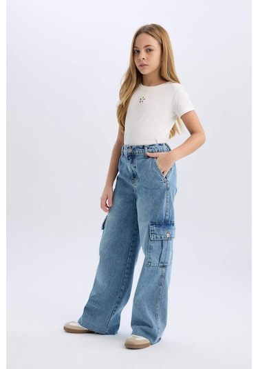 DeFacto Kız Çocuk Wide Leg Kargo Geniş Bol Paça Pamuklu Jean Pantolon D7089A825SPNM39 Mavi DeFacto Kız Çocuk Wide Leg Kargo Geniş Bol Paça Pamuklu Jean Pantolon D7089A825SPNM39 Mavi