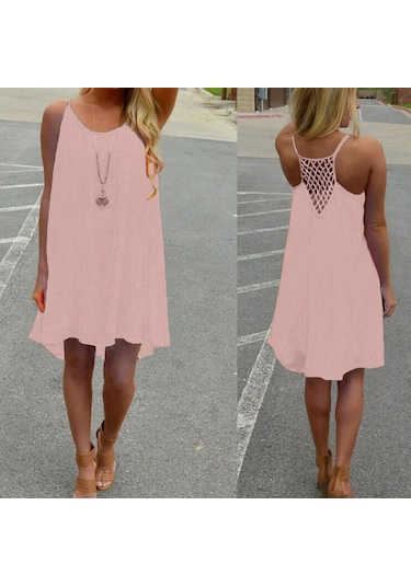 Bol Günlük Kolsuz Spagetti Askılı Mini Plaj Elbiseleri Oymalı Açık Pembe