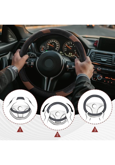 Yaleker Kahverengi Karbon Fiber Stili Deri Direksiyon Kılıfı - 37-38 Cm Evrensel Uyumlu, Nemi Emici, Kayma Engellli, Dayanıklı Ve Koruyucu Kahve
