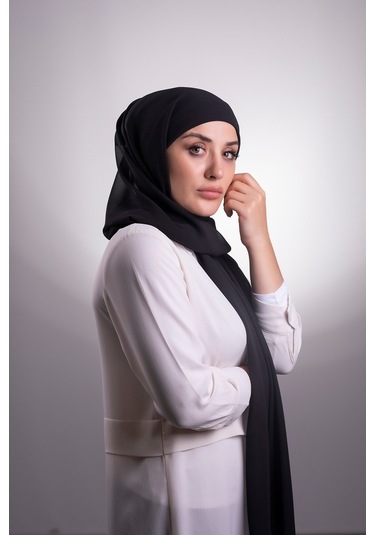 Siyah Pratik Hazır Geçmeli Şal Şifon Boru Boneli 3001_01