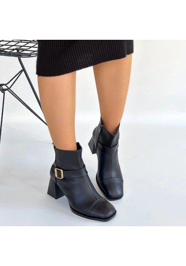 Naturalshoess Mejjo Siyah Cilt Topuklu Bot Siyah