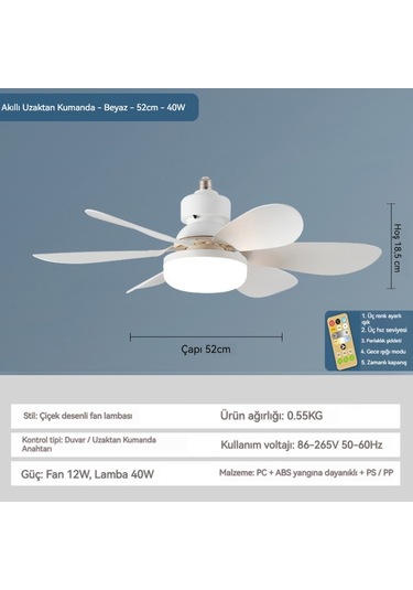 Sessiz Avize Lambası E27 6 Fan Kanatları Ve Işıklı Uzaktan Kumanda Tavan 13