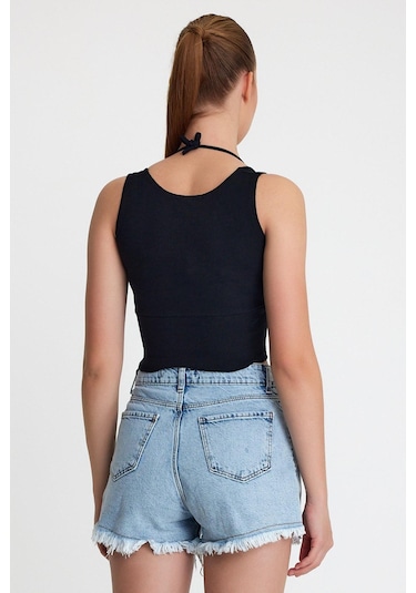 Polo State Kadın Ense Biye Detaylı Crop Siyah