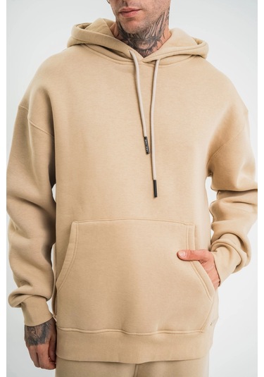 Unisex Double Oversize Kapşonlu Basic Sweatshirt - Bej Siyah