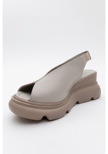 Sam Taş Cilt Hakiki Deri Kadın Dolgu Topuk Sandalet Taş Rengi Taş