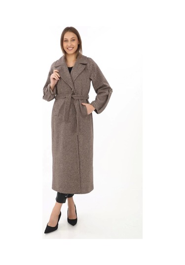 Kadın Kolu Apoletli Astarlı Kaşmir Kaşe Kaban - Vizon Vizon