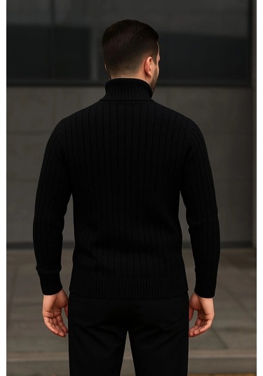 Erkek Fitilli Triko Kazak 2'li Set Beyaz Siyah Regular Balıkcı Yaka Tam Boğazlı Triko Seti Modeli Ka Beyaz Siyah