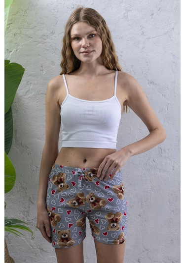 Giysa Kadın Beli Lastikli Desenli Şort Pijama Altı Gri - 2027 Gri