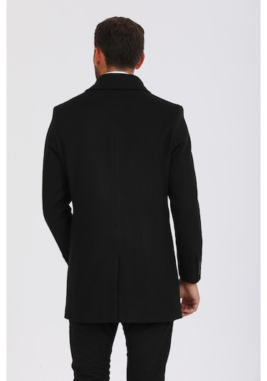 Erkek Siyah Dar Kesim Yün Karışımlı Kaşe Gömlek Yaka Palto Kaban-Siyah