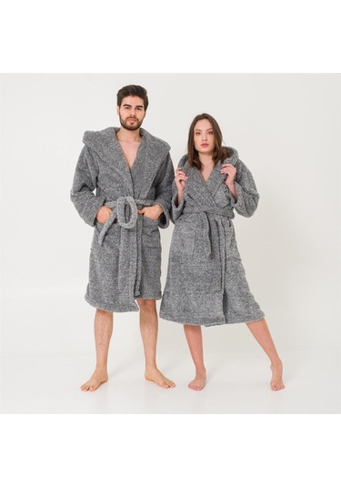 Uzun Kapüşonlu Welsoft Sabahlık Aile Seti-Gri