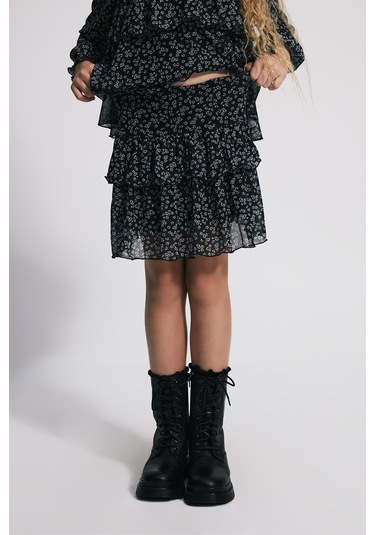 Kids Girl Çiçekli Fırfırlı Tül Mini Siyah Etek Siyah