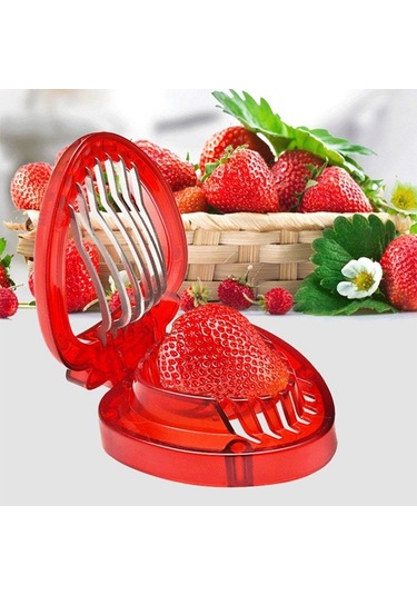 Sones Mutfak Aleti Plastik Çilek Dilimleyici Meyve Bıçağı Paslanmaz Çelik Bıçaklı Kırmızı