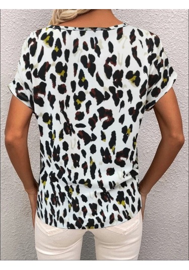 Sensuelle Kadın Kısa Kollu V Yaka Leopar Desen Krep Bluz LEOPAR