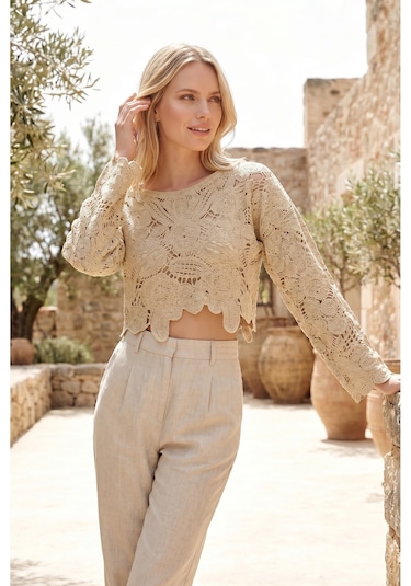 Sayzen Your Shine Dantel Işleme Crop Bluz Sy-shn04 Stone