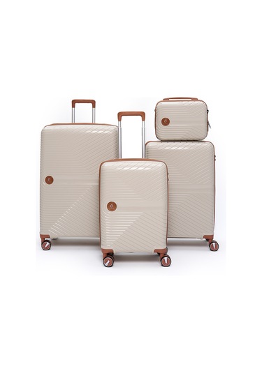 4 Lü Valiz Seti Elatae Exclusive Pro Polipropilen Kırılmaz Büyük - Orta - Kabin Boy Ve Makyaj Bej - Camel 5239