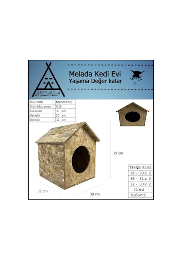 Melada Kedi Evi Dış Ortam Uygun Ahşap Kedi Evi Osb 39x32x30 Cm