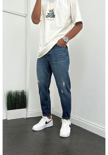 Boyfriend Lazer İşlemli Kot Erkek Pantolon Mavi