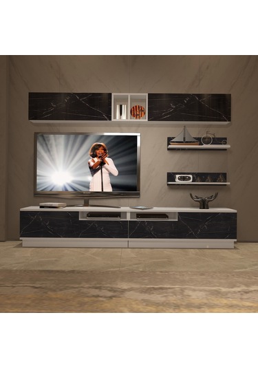 Decoraktiv Trendstyle 5220s Slm Tv Ünitesi Tv Sehpası Beyaz - Siyah Mermer