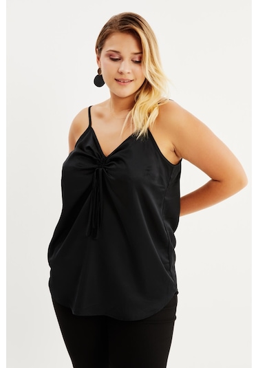 Saten İp Askılı Büzgülü Bluz Siyah