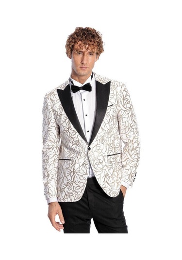 Wessi Işıltılı Sarmaşık Desenli Slim Fit Beyaz Erkek Smokin Ceket Beyaz