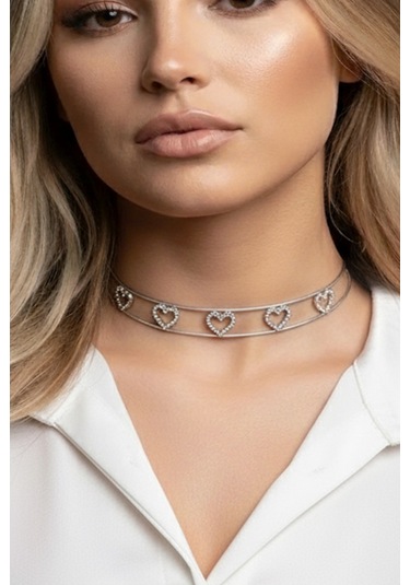 Caş Dekorasyon Gümüş Renk Kalpli Taşlı Choker Kolye Gümüş