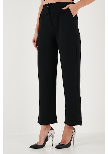 Lela Regular Fit Yüksek Bel Bol Paça V Yaka Yelekli Bayan Takım 5866199 Siyah