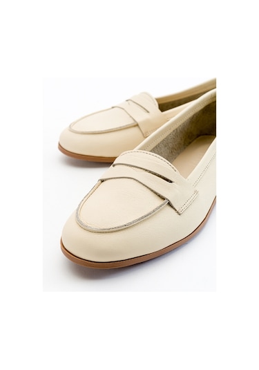 F02 Ekru Bej Cilt Hakiki Deri Kadın Babet Bej - Ekru