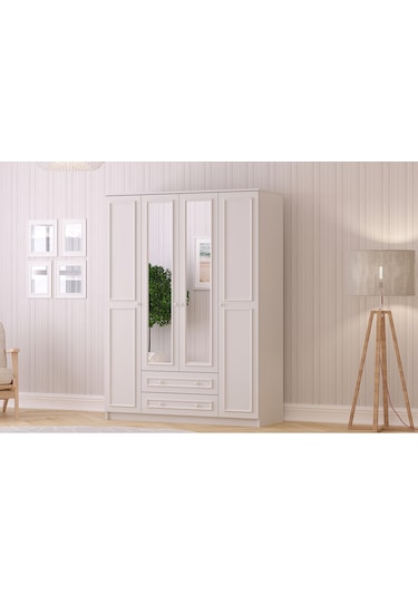 Lina Country 4 Kapak 2 Çekmeceli Aynalı Mega Gardırop Beyaz