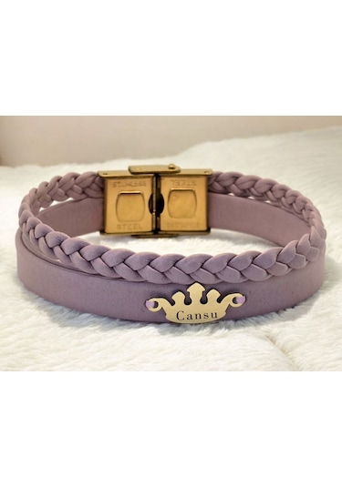 Archin Cansu İsmine Özel Doğal Mor Derili Taç Figürlü 14 Ayar Altın Plakalı Hediye Bileklik-637isim Cansu