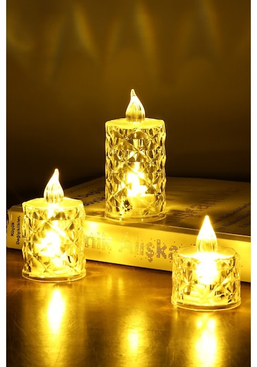 3 Lü Elmas Kristal Desenli Led Mum Seti Pilli Dumansız Alevli Dekoratif Yapay Mum Sarı