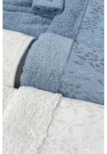 Platin Jakarlı 10 Parça Aile Bornoz Takımı Krem Mavi Çok Renkli