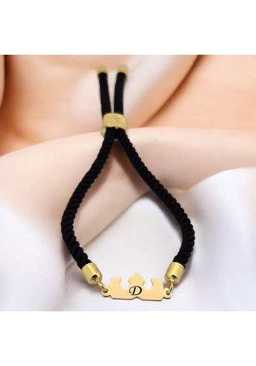 D Harfine Özel Taç Figürlü 14 Ayar Altın Plakalı Siyah İpek Örgülü Hediye Bileklik-507harf D