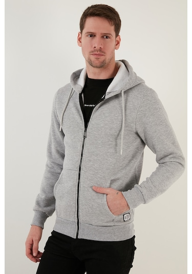 Buratti Regular Fit Kapüşonlu Fermuarlı Içi Tüylü Yumuşak Şardonlu Kışlık Erkek Sweat 5905340 Gri Melanj