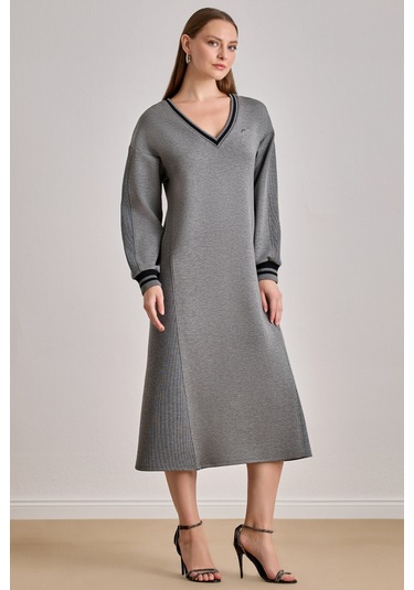 Bilekte Boy Gri Örme Elbise Gri