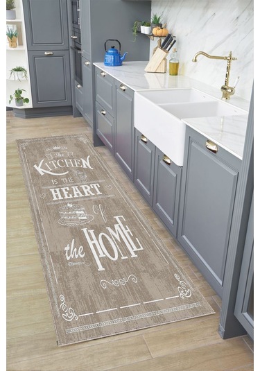 Decomia Home Dijital Baskılı Kaymaz Taban Yıkanabilir Kitchen Home Yazılı Kahverengi Mutfak Halısı DC-5017 Kahverengi