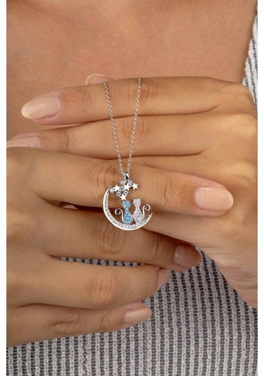 Gümüş Pazarım Firuze Taşlı Yıldızları İzleyen Çift Kedi Kadın Gümüş Kolye Altın - Gümüş