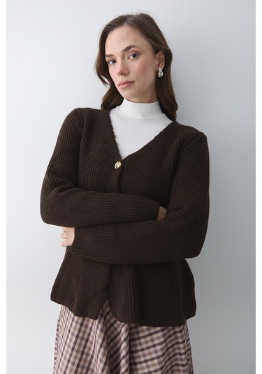 Kahverengi 3 Düğmeli Pileli Hırka - 251065 Kahverengi