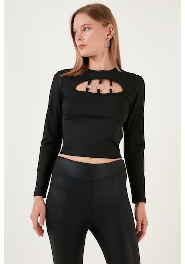 Lela Slim Fit Bisiklet Yaka Önü Pencereli Crop Bayan Bluz 5865399 Siyah