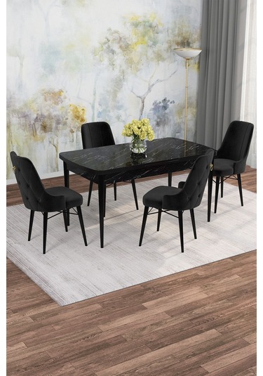 Mona Siyah Mermer 80x132 Açılabilir Mdf Masa Yemek Odası Takımı, Mutfak Takımı 4 Adet Sandalye Siyah Mermer - 4 Siyah - Siyah Ayak