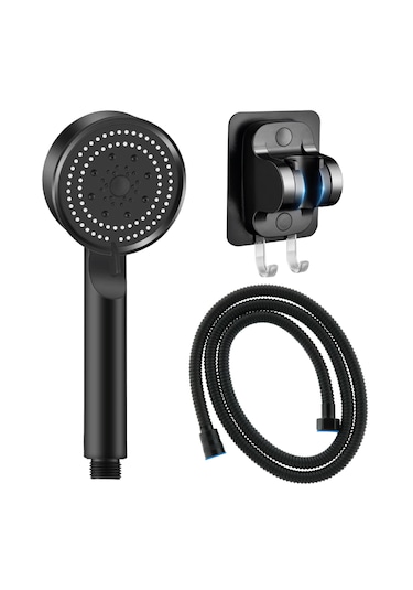 Maxima 5F Duş Başlığı + Yapışkanlı Mafsal + Hortum Seti Siyah