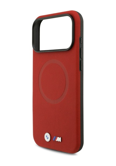 İphone 17 Pro Max Uyumlu Kılıf Bmw Lisanslı M-safeli Metal Logo Delikli M Dizayn Deri Kapak Kırmızı Kirmizi