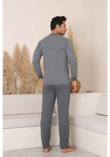 Alimer Erkek 3 Düğmeli Çizgili Desen %100 Pamuk Uzun Manşetli Kol Cepli Pijama Takımı Antrasit