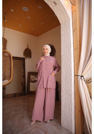 Kadın Tesettür Eşofman & Takımı, Alt Üst Uzun Takım Düğmeli Gömlek Pantolon 504 Pembe