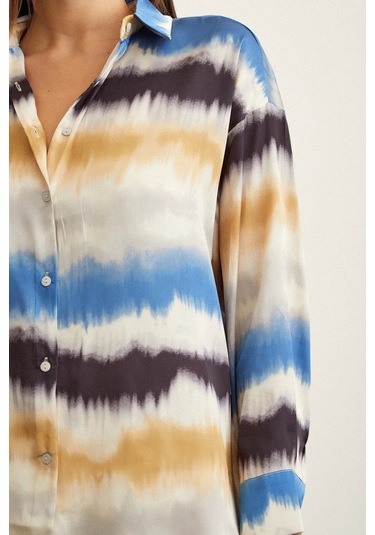 Kadın Uzun Kol Sulu Boya Desenli Renkli Pamuk Saten Premium Kalite Spor Şık Gömlek Mavi