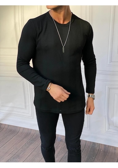 Modefendi Örme Desen Pamuklu Sweat Siyah