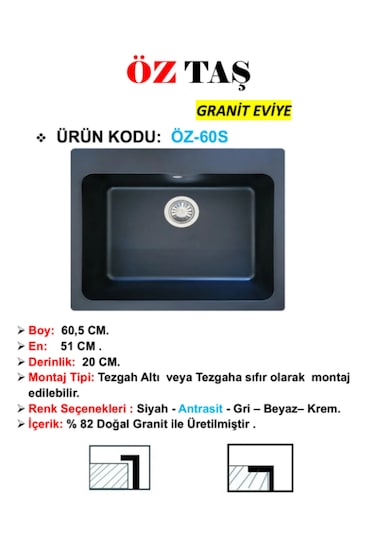 Öztaş ÖZ-60S Granit Mutfak Eviye Siyah Tek Gözlü 55 x 60 CM