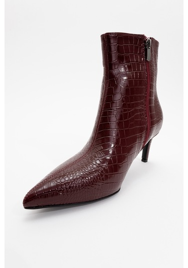 Noya Bordo Baskı Sivri Burun Kadın İnce Topuklu Bot Bordo